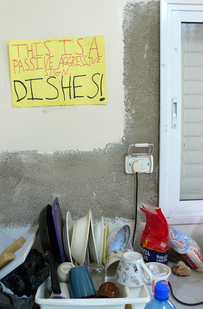 This is a passive-aggressive sign: DISHES!