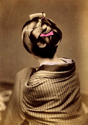 An Early Meiji-era Geisha Hair Style, vintage photograph posted by Flickr user Okinawa Soba. Click image to view source.