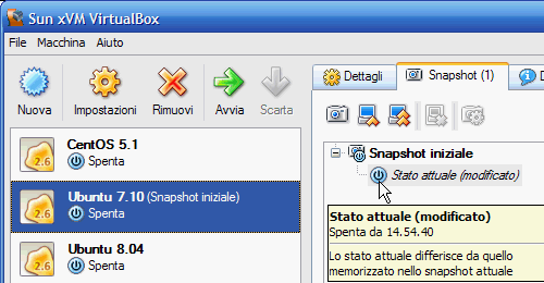 Fig 11 - VirtualBox snapshot - stato attuale modificato e diverso da snapshot attuale