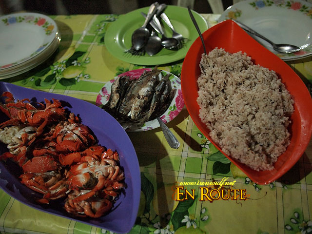 Our dinner of mini-curacha, dilis and red rice from Fuga Island