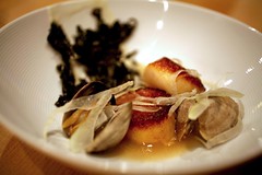 Scallop with Clams, Trumpet Mushroom Puree, Pickled Fennel, Nori, and Bacon Dashi
