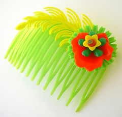 Green, Orange and Yellow Vintage Flowers Hair Comb / Barrette