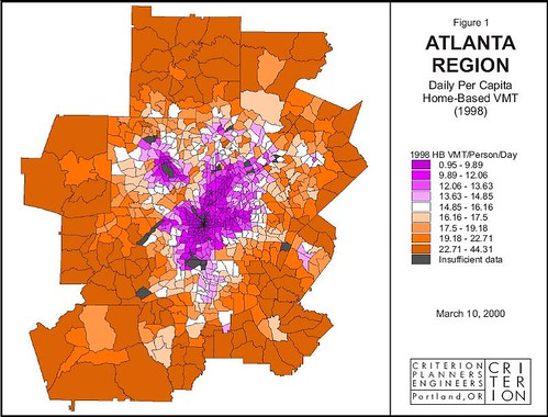 residents of the orange areas drive much more than residents of the purple areas