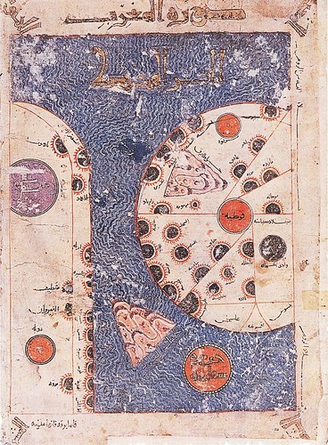 Map of Al-Andalus to Cordoba in the center circle, above the Atlantic and the Mediterranean below. And. Karmal. Monumenta Cartographica.