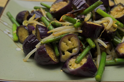 Spicy eggplant and garlic shoots
