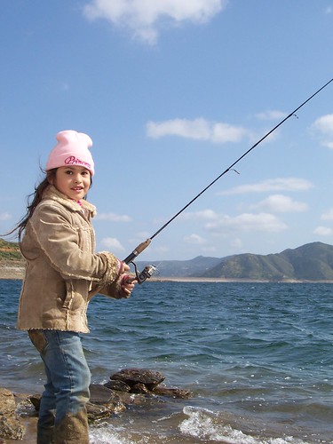 Leila Medellin Meester fishing at Diamond Lake near Hemet, California