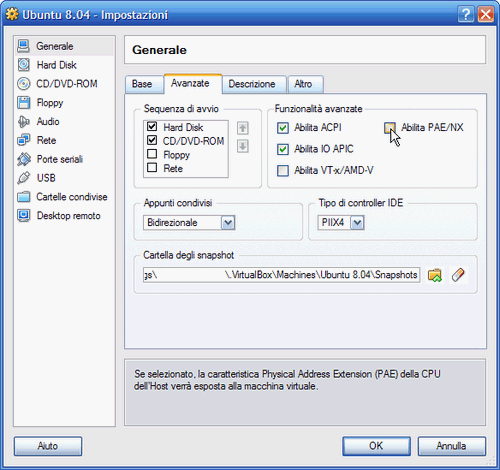 Fig. 5 - VirtualBox - abilitazione supporto PAE (Physical Address Extension)