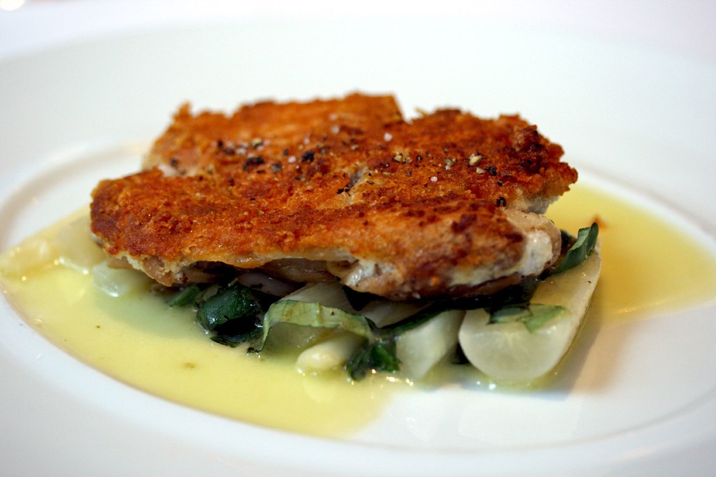 Parmesan Crusted Confit Leg of Chicken, Salsify, Basil and Lemon Butter