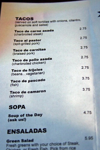 Taco section of the current menu