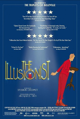 "The Illusionist" USA poster, via beachtheatre.com: dark blue background with a spotlight on the yellow title "THE ILLUSIONIST." A white rabbit is hiding in the "O," and an old man in a red suit is standing to the right, holding a stool and apparently loo