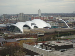 the Sage Gateshead and the Gateshead Millenium Bridge, as seen from Level 7 of the Trinity Centre car park