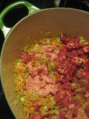 Adding the pork and beef to our Bolognese