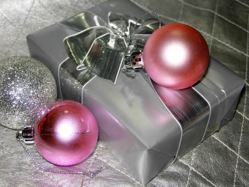pink christmas present silver box