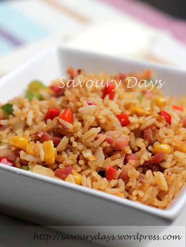 Fried rice with bacon, paprika & BBQ sauce