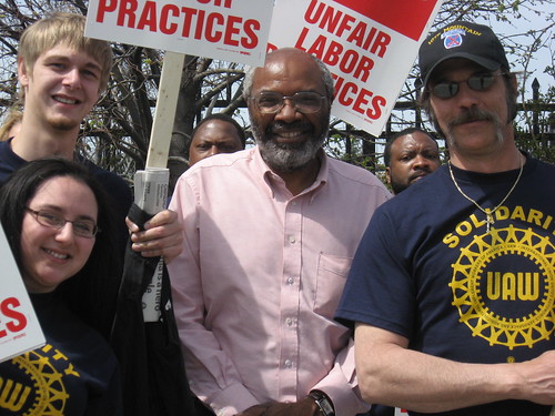 Abayomi Azikiwe, Pan-African News Wire editor, surrounded by striking workers and their supporters at the American Axle headquarters in Detroit on April 24, 2008. They have been on strike for nearly two months. (Photo: Alan Pollock). by Pan-African News Wire File Photos