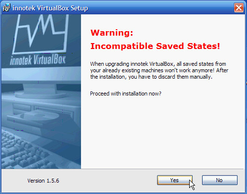 Fig. 1 - VirtualBox 1.5.6 - Incompatibilita con salvataggi di versioni precedenti