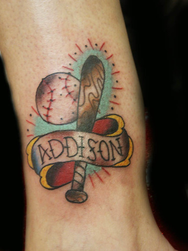 Baseball Tattoo. By Dan Kubin at Nowhere Fast Tattoo. 1212 Woods Chapel rd.