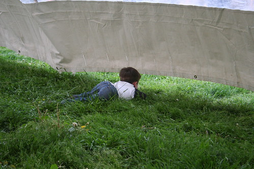 Kid peering under music tent