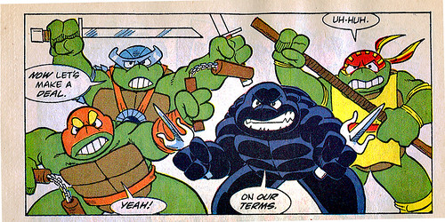 Teenage Mutant Ninja Turtles Adventures" #7 .. art by Jim Lawson, Gary Fields, and Barry Grossman [[ weapons back ..::  ]] (( 1989 ))