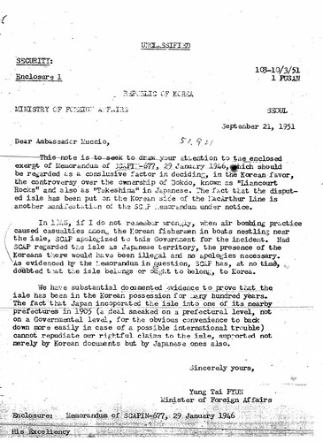 1951 0921 Transmittal of letter from Minister of Foreign Affairs of Korean Claim to Dokdo Island
