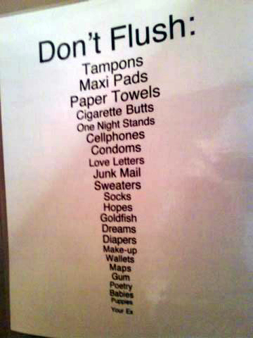 Don't Flush: Tampons Maxi Pads Paper Towels Cigarette Butts One Night Stands Cellphones Condoms Love Letters Junk Mail Sweaters Socks Hopes Goldfish Dreams Diapers Make-up Wallets Maps Gum Poetry Babies Puppies  Your Ex