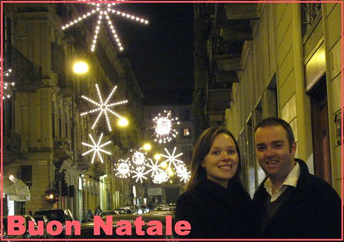 Picture of us in Via Mazzini with the Christmas lights in the background