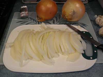 slicing onions for soup
