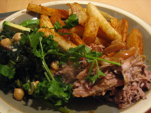Pernil (Puerto Rican Roasted Pork Shoulder/Butt) with Yucca Fries and Kale with Chickpeas