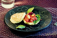 Corn Pancake with Slow-baked Tomatoes and Salted Grapes