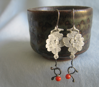 Lace, metal, and coral earrings