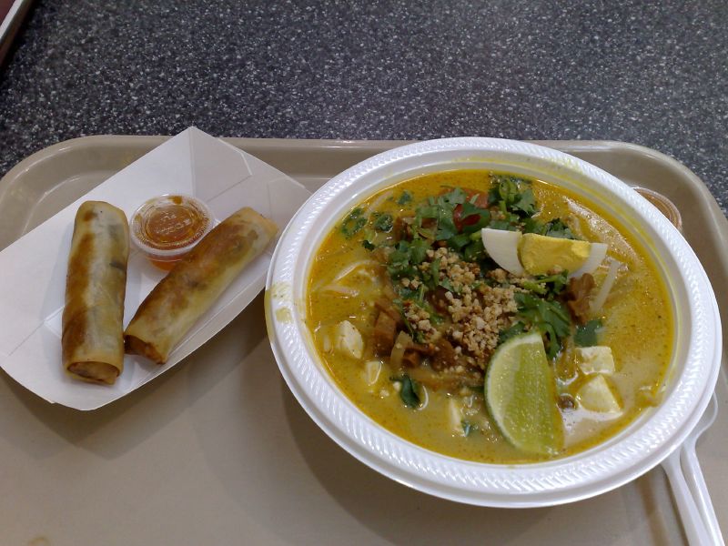 Spring rolls and Vegetarian Rice Noodle Curry Soup