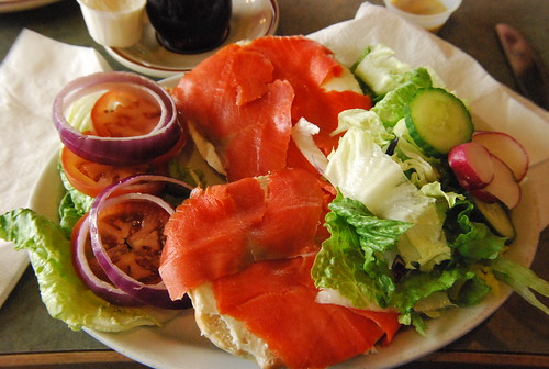 Lox and bagel mess of a sandwich