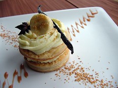 Banana Coconut Napoleon: puff pastry stack with coconut pastry cream and caramelized Malibu bananas, served with caramel sauce. Something I made way back in 2005.