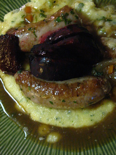 Veal sausage with roasted beets and herbed polenta