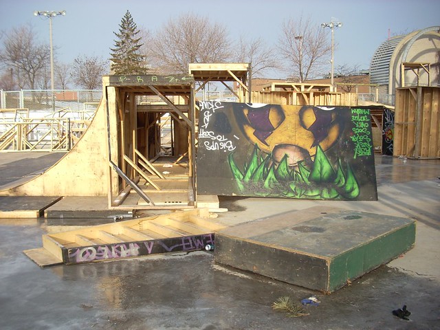 BMX ramps waiting to be set up at Wallace-Emerson park, Toronto.