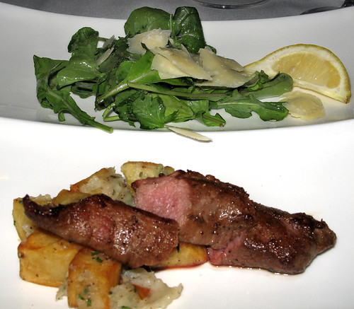 Chef Bob's Tasting 
Menu, Course 5: Grilled Lamb Tenderloin with Rosemary Potato Hash, Arugula Salad with Mint, Olive Oil and Shaved Parmigiano-Reggiano