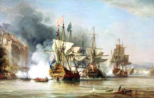 Bombardeo del Castillo Todofierro por los navios de Vernon.