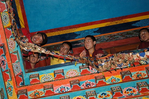 Tsok Chen adds decorations with his friends, Tharlam Monastery, Boudha, Kathmandu, Nepal by Wonderlane