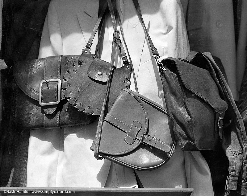 Leather bags in shop window