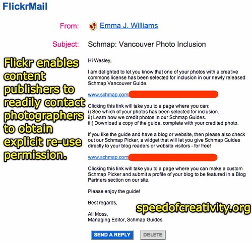Flickr enables content publishers to readily contact photographers to obtain explicit re-use permission.