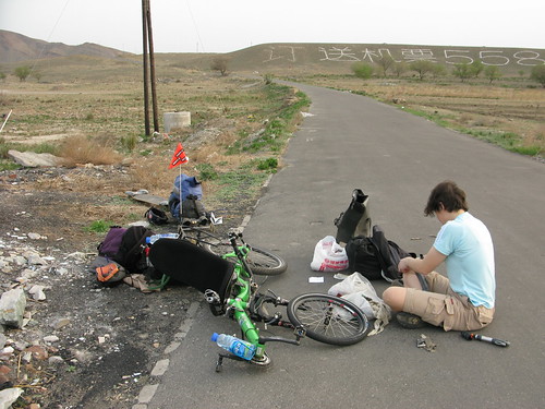 A flat on the first day out! (near Urumqi, Xinjiang Province, China)