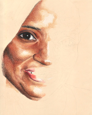 In progress scans of a colored pencil portrait.