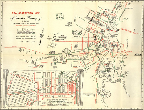 Transportation Map of Greater Winnipeg Showing Street Car, Trolley Bus and Bus Lines (1941)