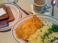 Bleu cheese omelette and hash browns