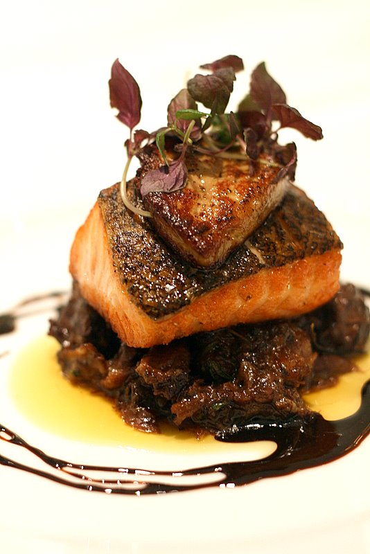 Salmon with oxtail stew and foie gras