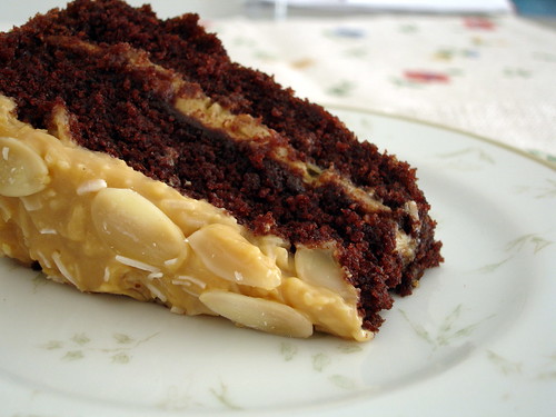 Chocolate cola cake with toasted coconut-almond frosting