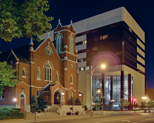 Saint Joseph Roman Catholic Church, in Clayton, Missouri, USA - exterior front at night