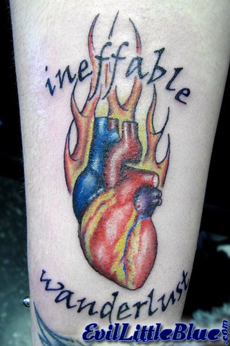 Flaming Human Heart on wrist Ineffable Wanderlust Tattoo by Miss Blue