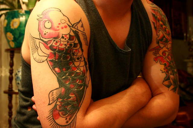 Japanese Koi Carp Tattoo Session One. Session "1" on my right arm.