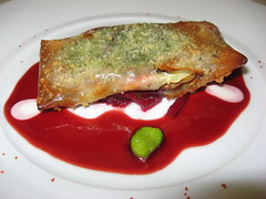 Everest: Crispy maryland soft shell crab, red beet coulis and melfor (close up)